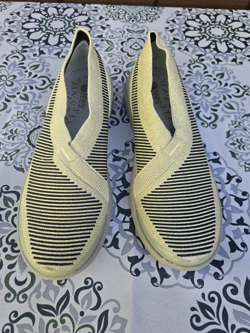 Bzees Comfort Knit Slip-On Walking Sneakers - Black & Cream Striped